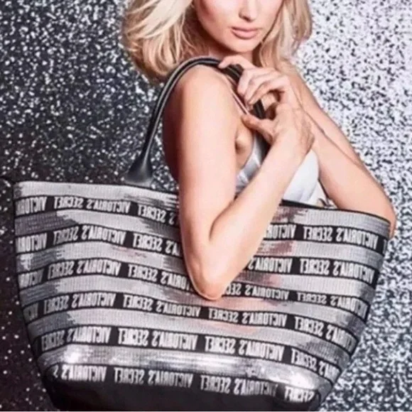 New Victoria Secret Silver Sequenced Large Black Tote With Mini Make Up Bag - Picture 2 of 6